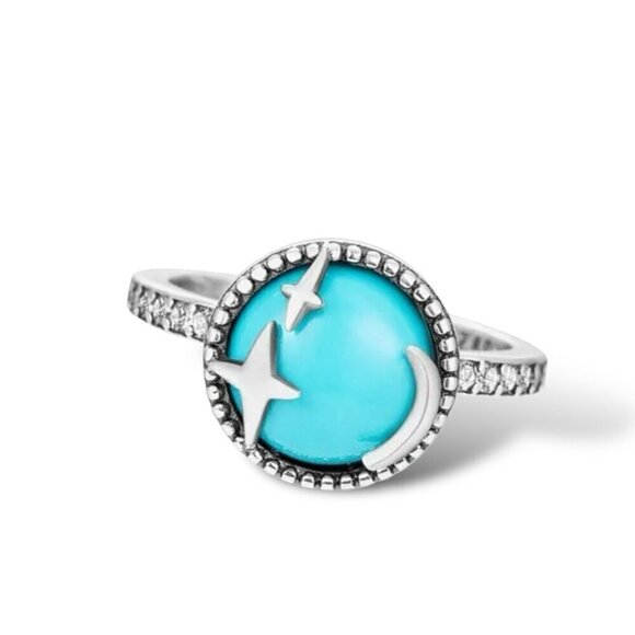 NWT Ring S925 Sterling Silver Stamped Star Moon CZ Turquoise Cabochon Sz. 6 - Picture 7 of 8